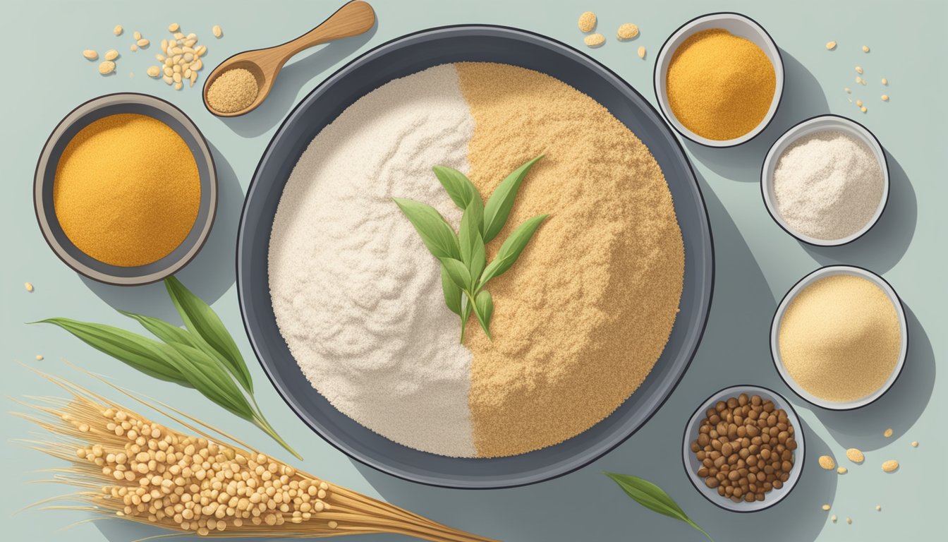 A bowl of sorghum flour surrounded by various gluten-free ingredients and a "vegan" label