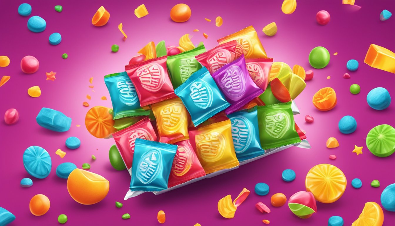 A colorful pile of juicy, fruit-flavored candies spills out of a vibrant, unopened package of Starburst