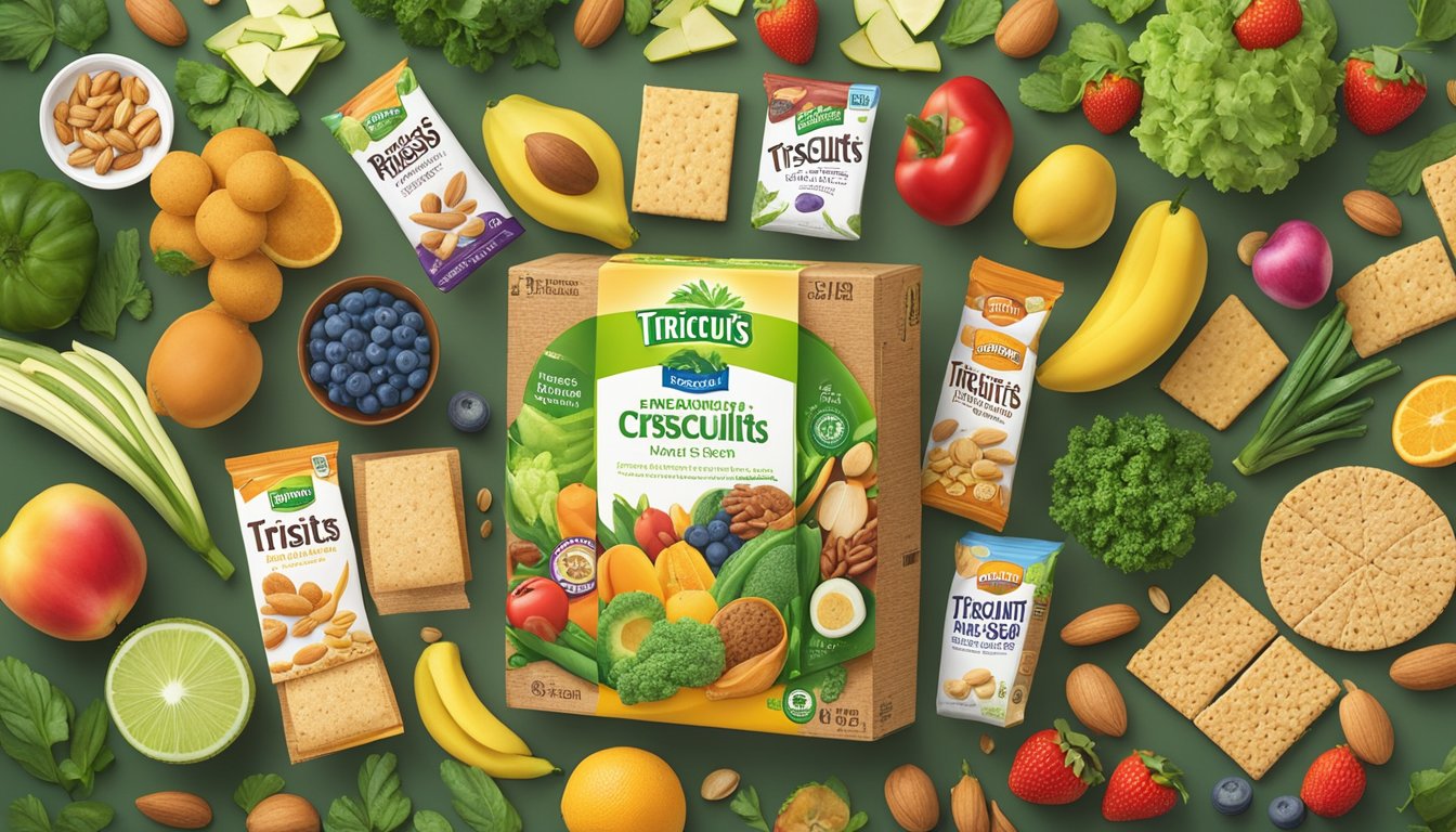 A variety of plant-based foods surround a box of Triscuits, including fruits, vegetables, nuts, and seeds