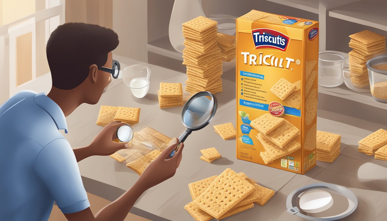 A person carefully examining the ingredients list on a box of Triscuits with a magnifying glass