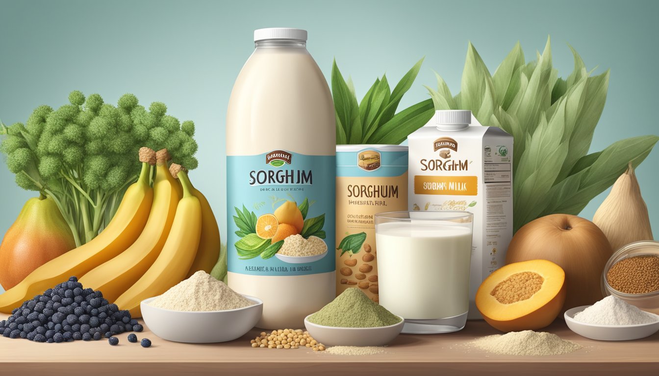 A bag of sorghum flour surrounded by various allergen-free and vegan ingredients, such as fruits, vegetables, and plant-based milk alternatives