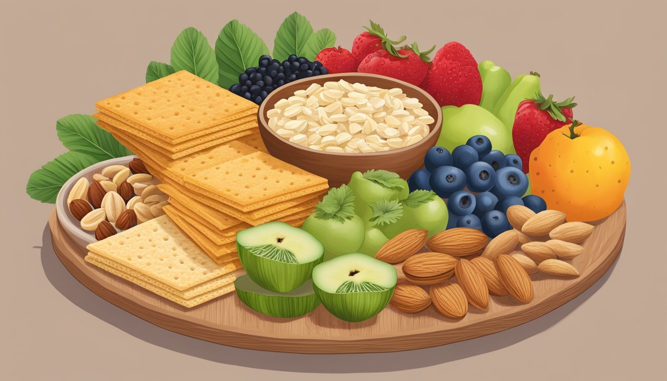 A bowl of triscuits surrounded by various vegan-friendly ingredients like fruits, vegetables, and nuts