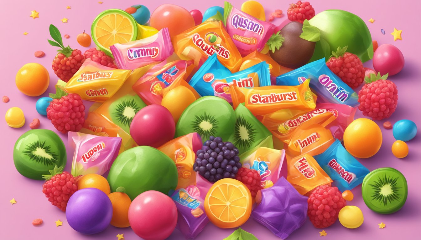 A colorful pile of starburst candy surrounded by question marks and common vegan ingredients like fruits and vegetables