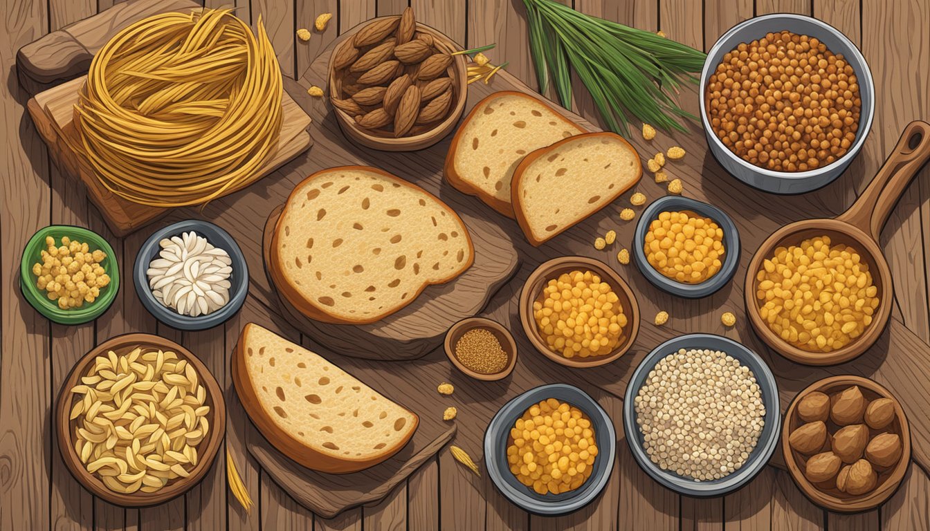 A colorful array of sorghum-based products, including bread, pasta, and snacks, displayed on a rustic wooden table