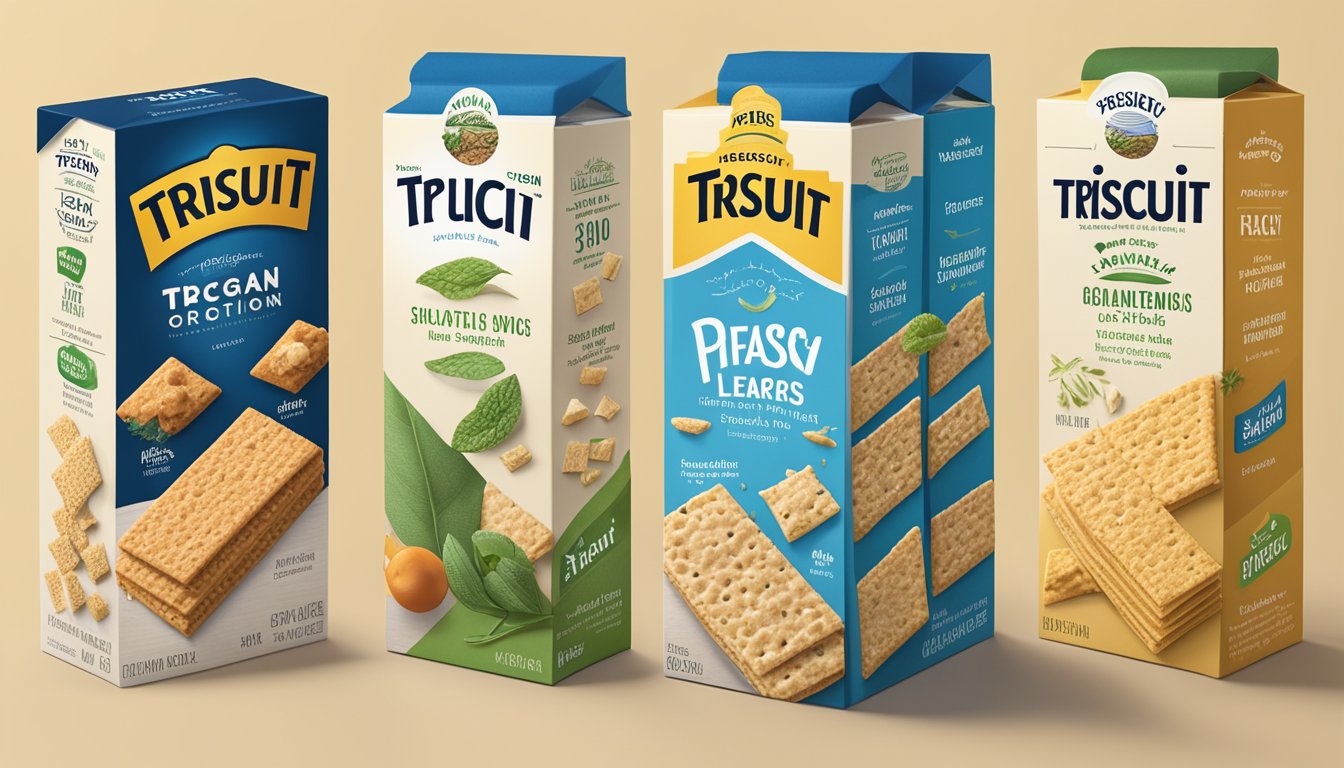 A variety of Triscuit flavors displayed next to a list of ingredients, with a focus on plant-based and vegan options