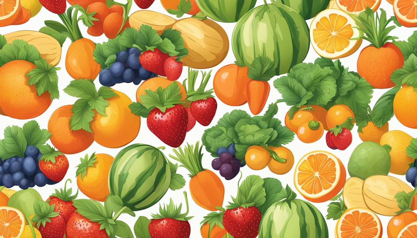 A colorful assortment of fruits and vegetables, including strawberries, oranges, and carrots, are arranged in a vibrant display