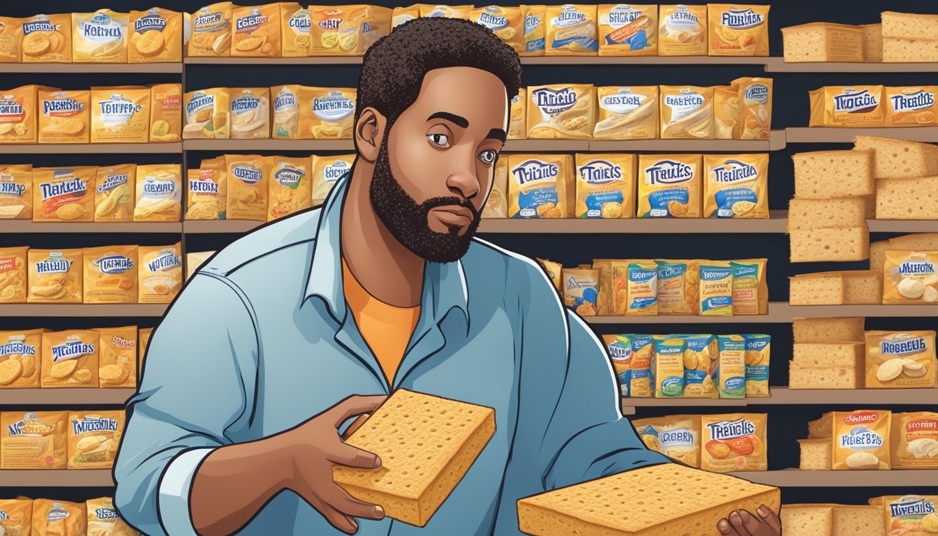 A person holding a box of Triscuits and examining the ingredients list with a puzzled expression