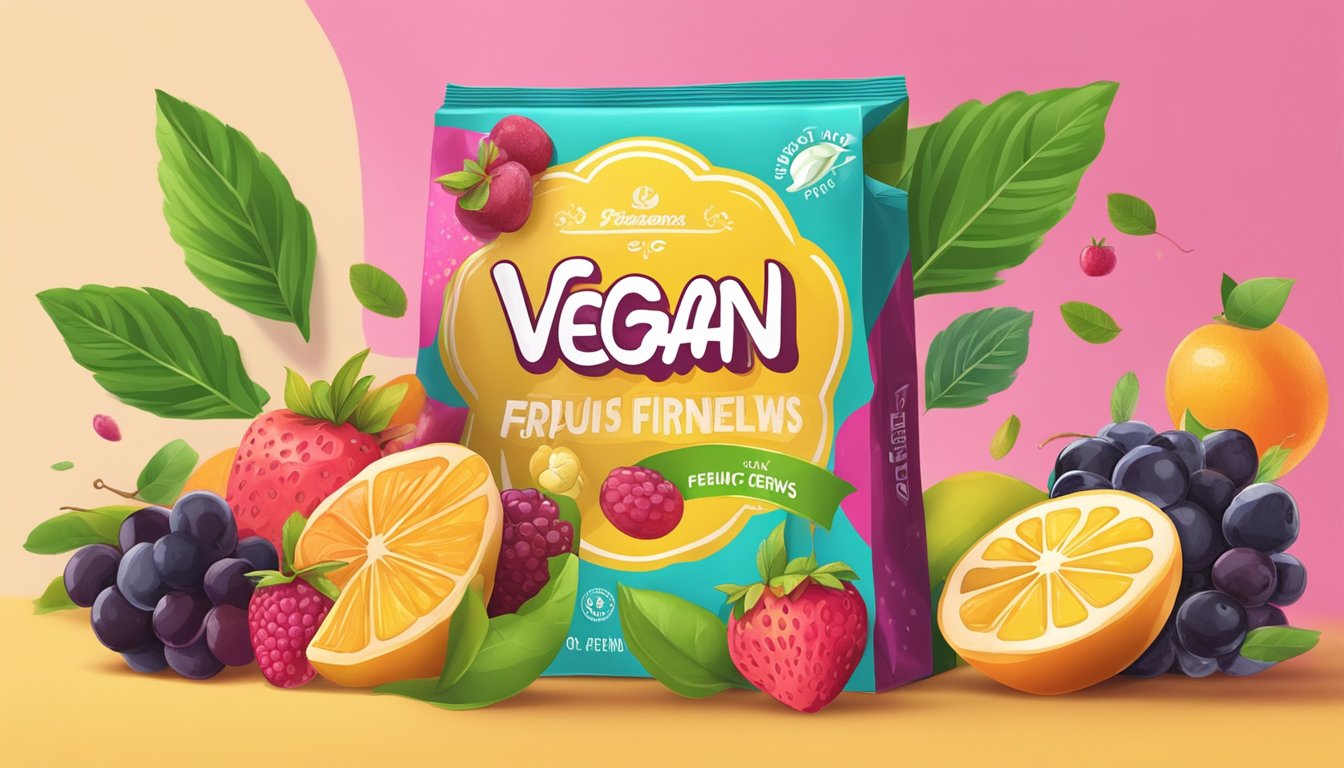 A colorful array of vegan-friendly fruit chews spills out of a vibrant package, surrounded by fresh fruit and leaves