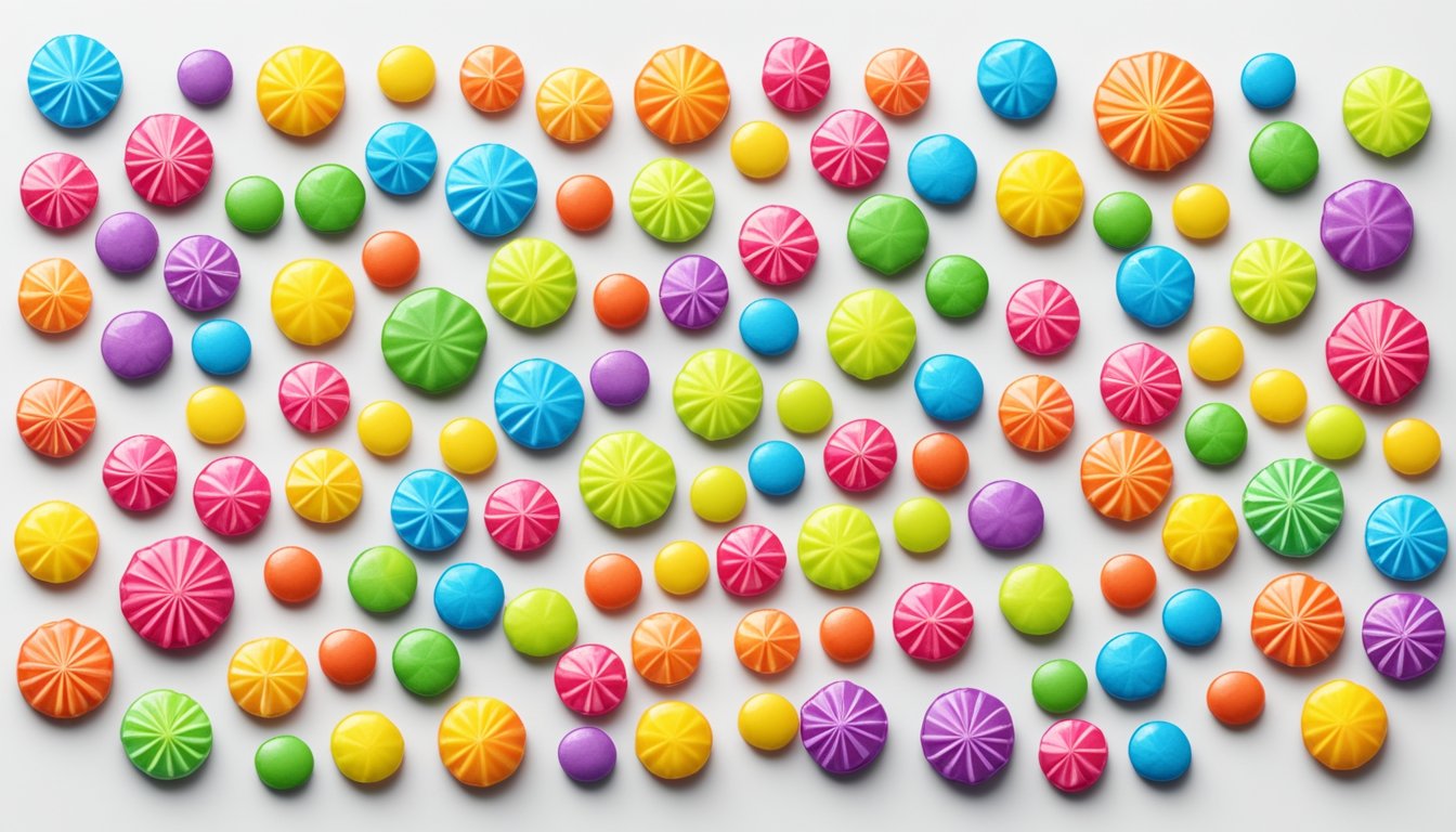 A colorful array of starburst candies, all labeled as vegan, arranged on a clean, white surface