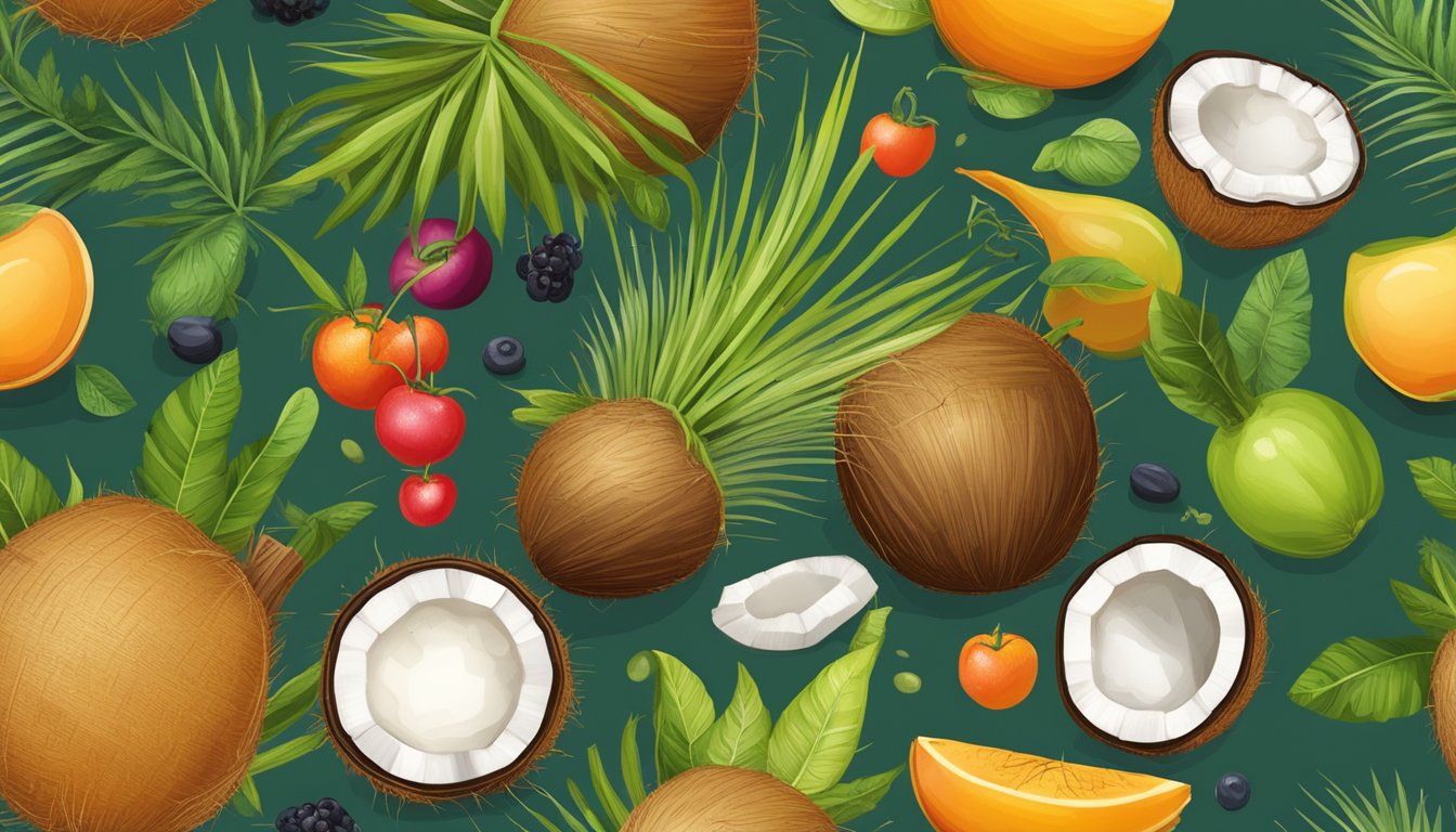 A coconut with a straw protruding from its top, surrounded by various fruits and vegetables, symbolizing the nutritional profile of coconut milk and its vegan nature