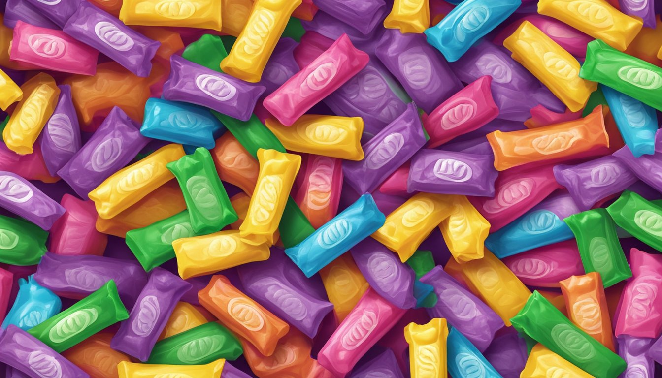 A colorful assortment of laffy taffy candies with vibrant flavor profiles displayed on a clean, modern table