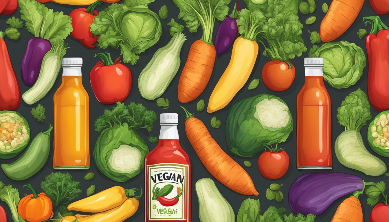 A colorful array of fresh vegetables and fruits surrounds a bottle of hot sauce, with a prominent "vegan" label on the packaging