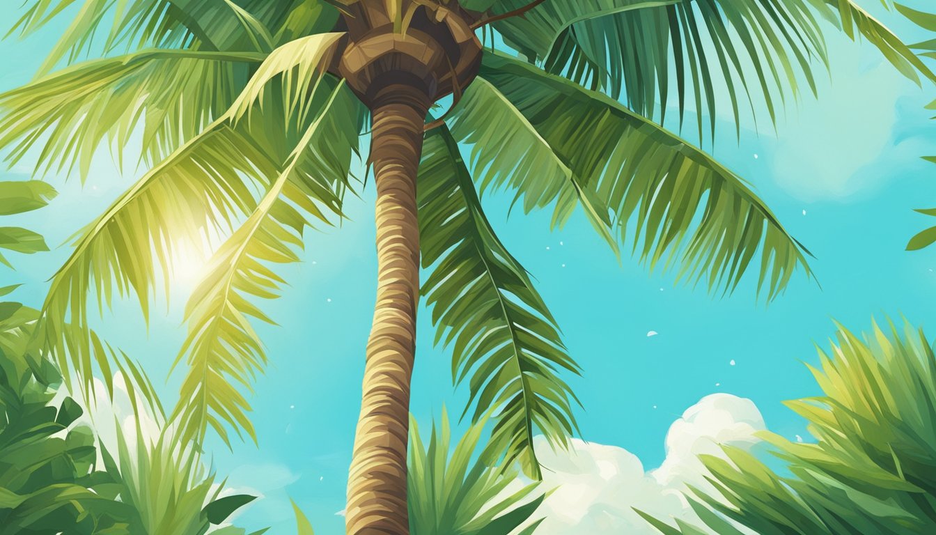 A coconut tree surrounded by lush greenery, with coconuts hanging from the branches and a clear blue sky in the background