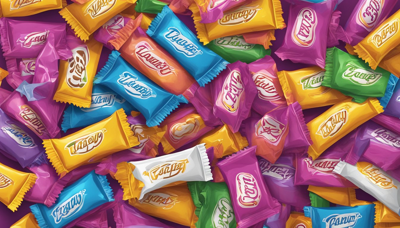 A colorful pile of laffy taffy wrappers with ingredients scattered around, including gelatin and beeswax