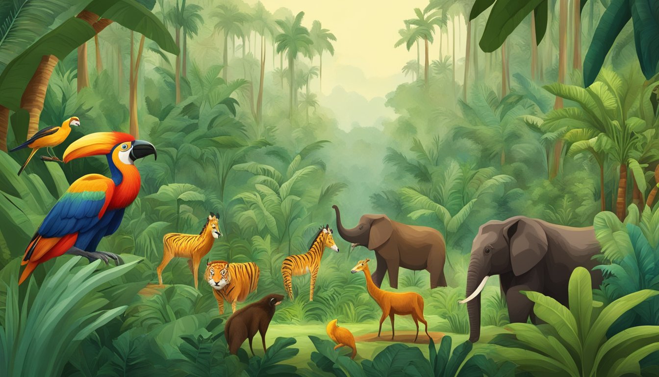 A tropical rainforest with palm oil plantations and a group of animals debating veganism