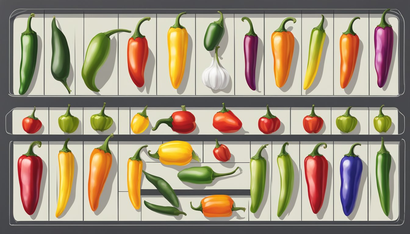 A variety of chili peppers arranged in a spectrum of colors and sizes, with a scale indicating Scoville Heat Units. Vibrant vegetables and herbs surround the display