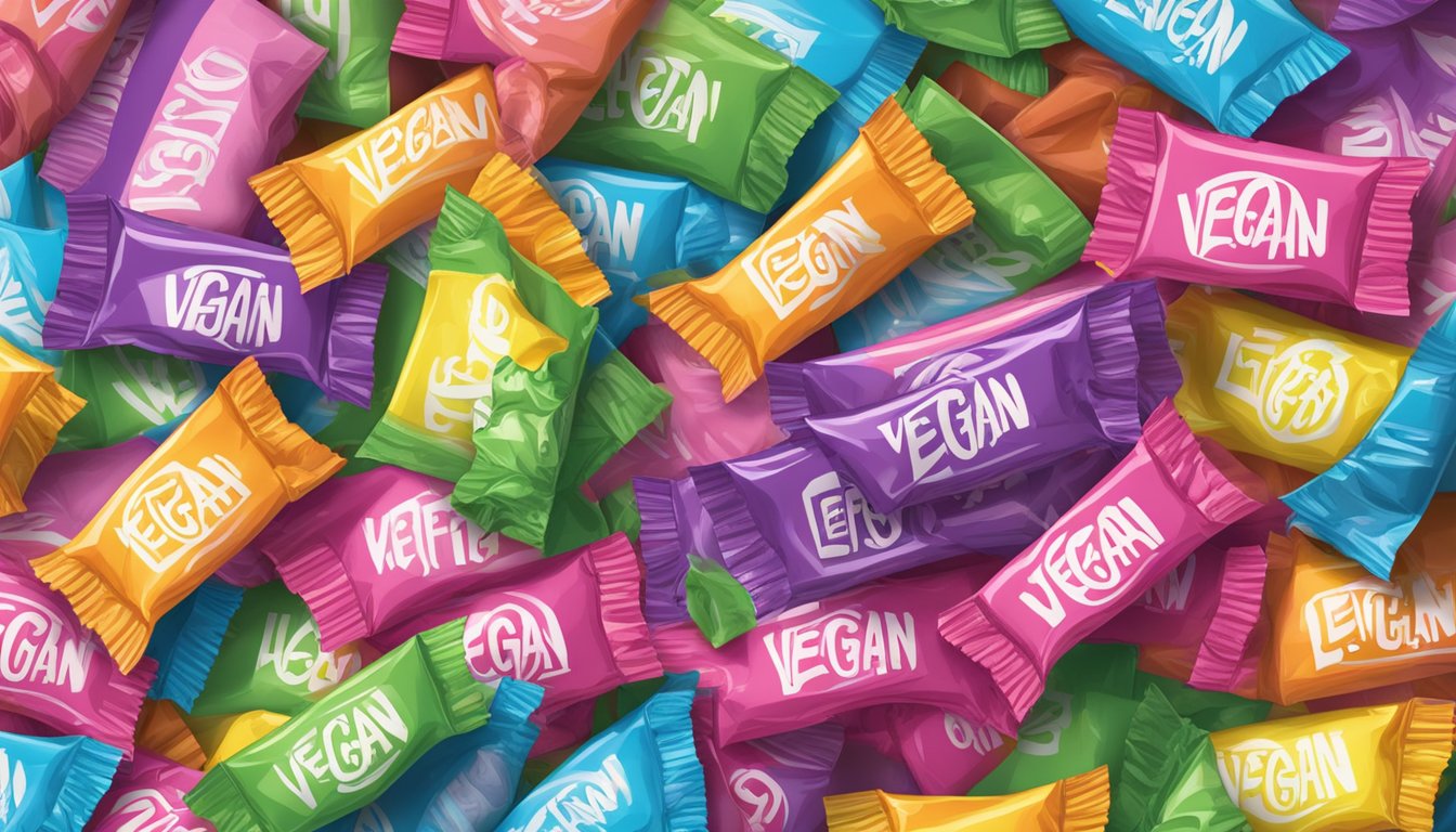 A colorful pile of laffy taffy wrappers with a "vegan" label