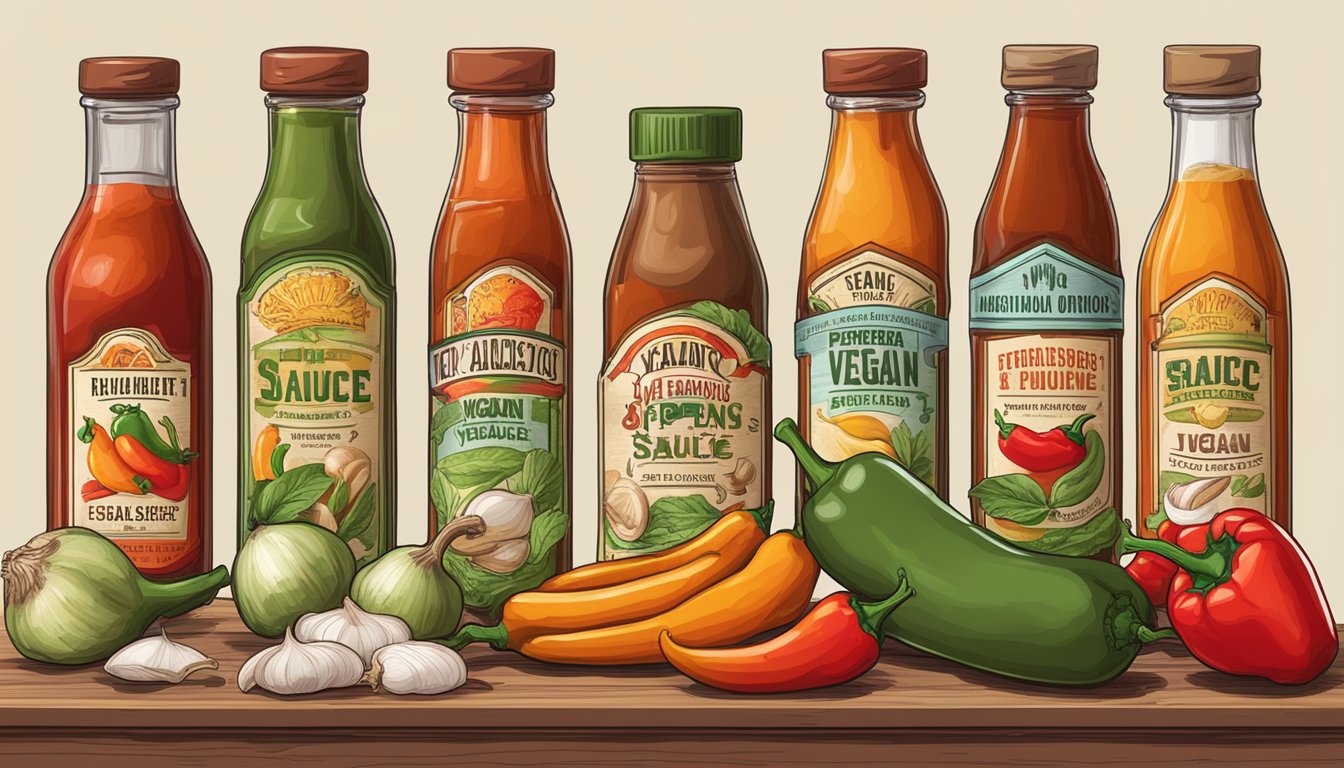 A table with various hot sauce bottles, some labeled "vegan." Ingredients like peppers, garlic, and onions are depicted on the labels