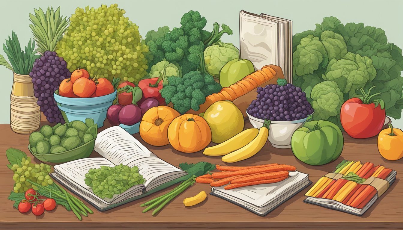 A table with a variety of colorful fruits and vegetables, along with a package of Twizzlers, all surrounded by informative books on veganism