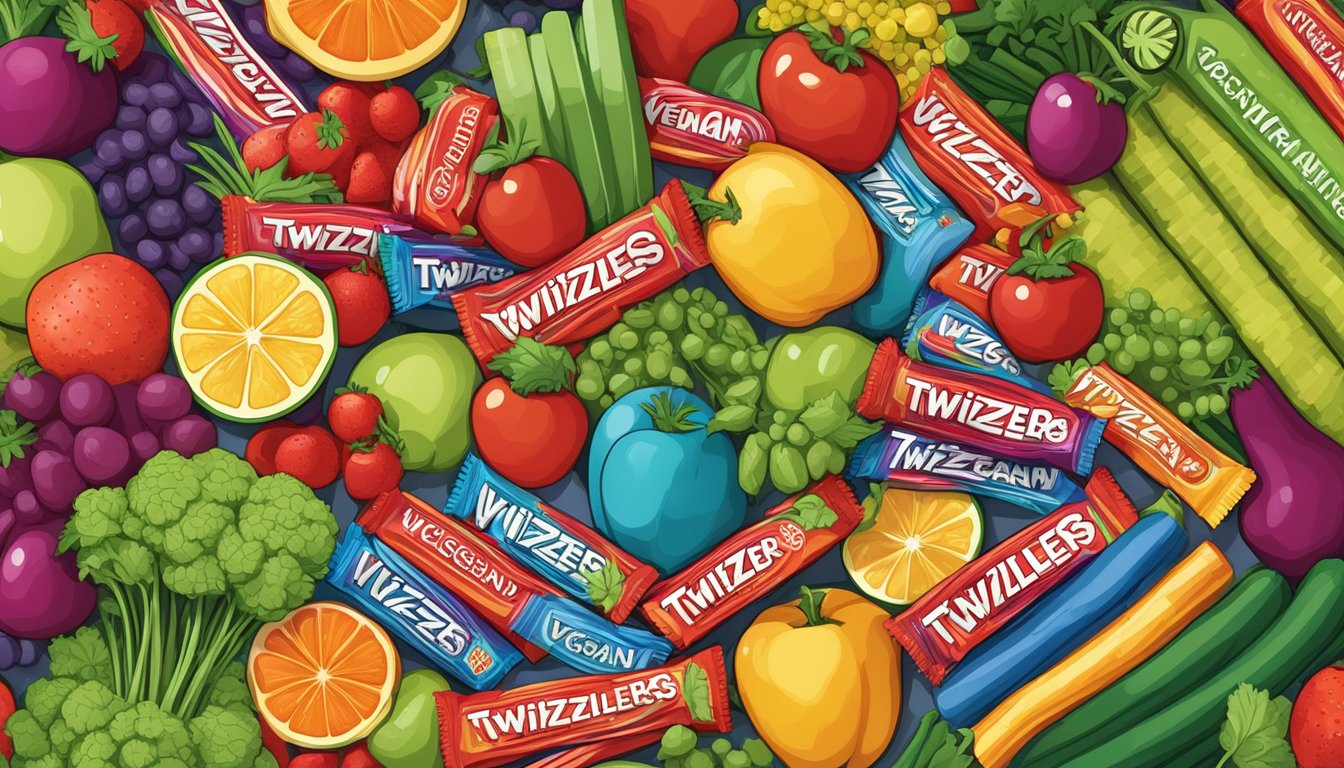 A pack of Twizzlers surrounded by colorful fruits and vegetables, with a "vegan" label in the background