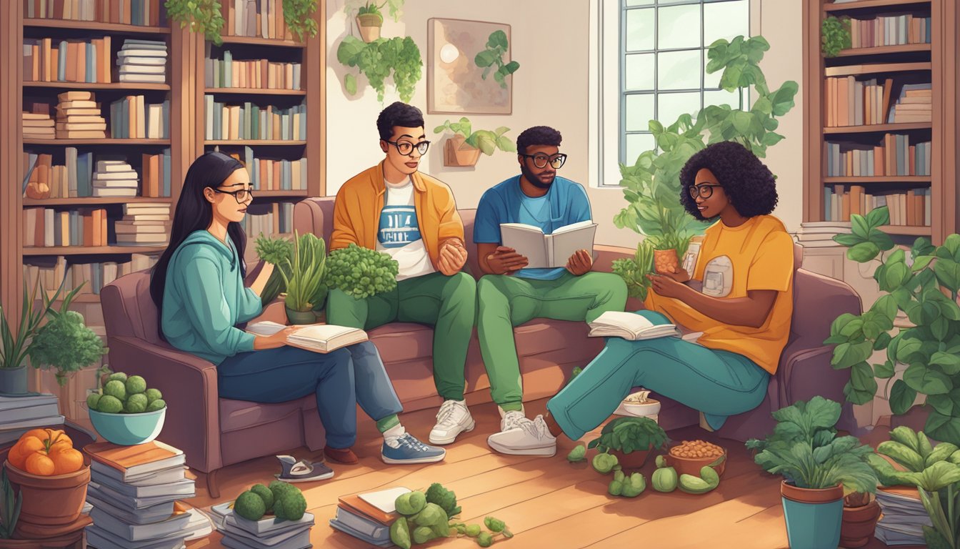 A group of nerdy characters discussing veganism, surrounded by books and plant-based food