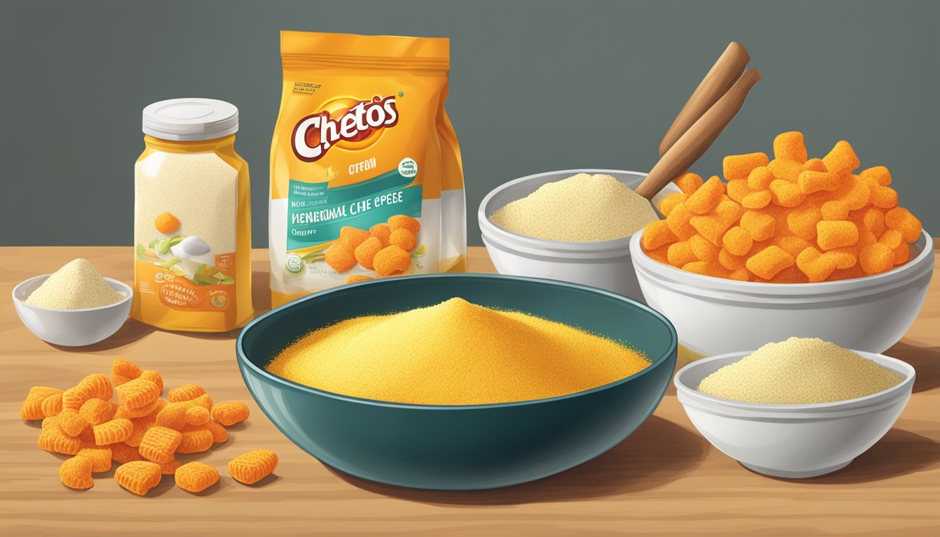 A table covered in various ingredients: cornmeal, vegetable oil, cheese powder, and spices. A bag of Cheetos sits next to a bowl of orange powder