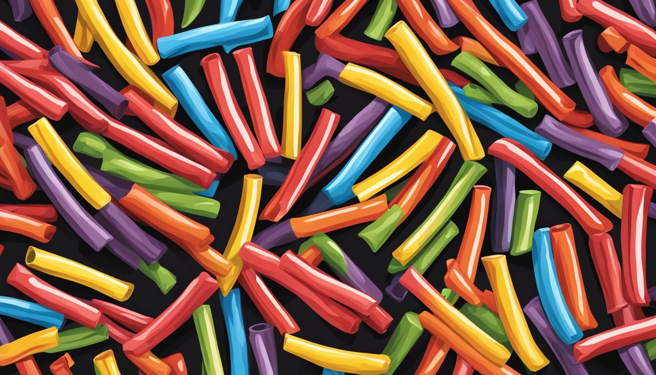 A colorful array of Twizzlers varieties, including classic red, rainbow, and black licorice, arranged in a playful and inviting manner