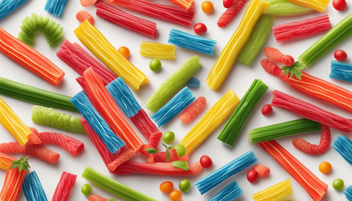 A colorful pile of Twizzlers lays on a clean white surface, surrounded by fresh fruits and vegetables