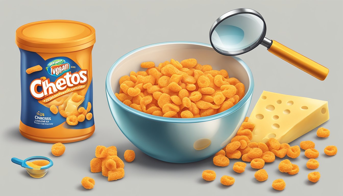 A bowl of Cheetos with a magnifying glass revealing non-vegan components like cheese and milk powder