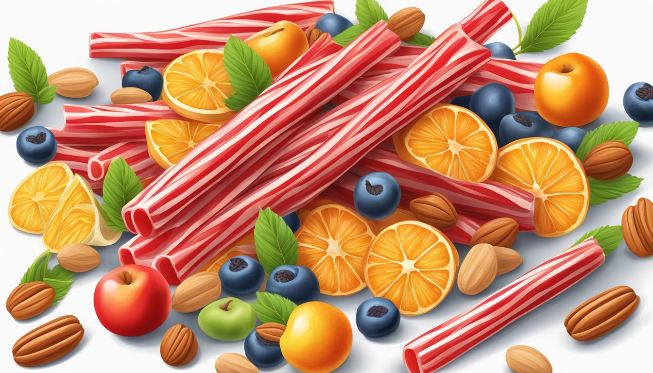 A colorful pile of twizzlers surrounded by fruits and nuts