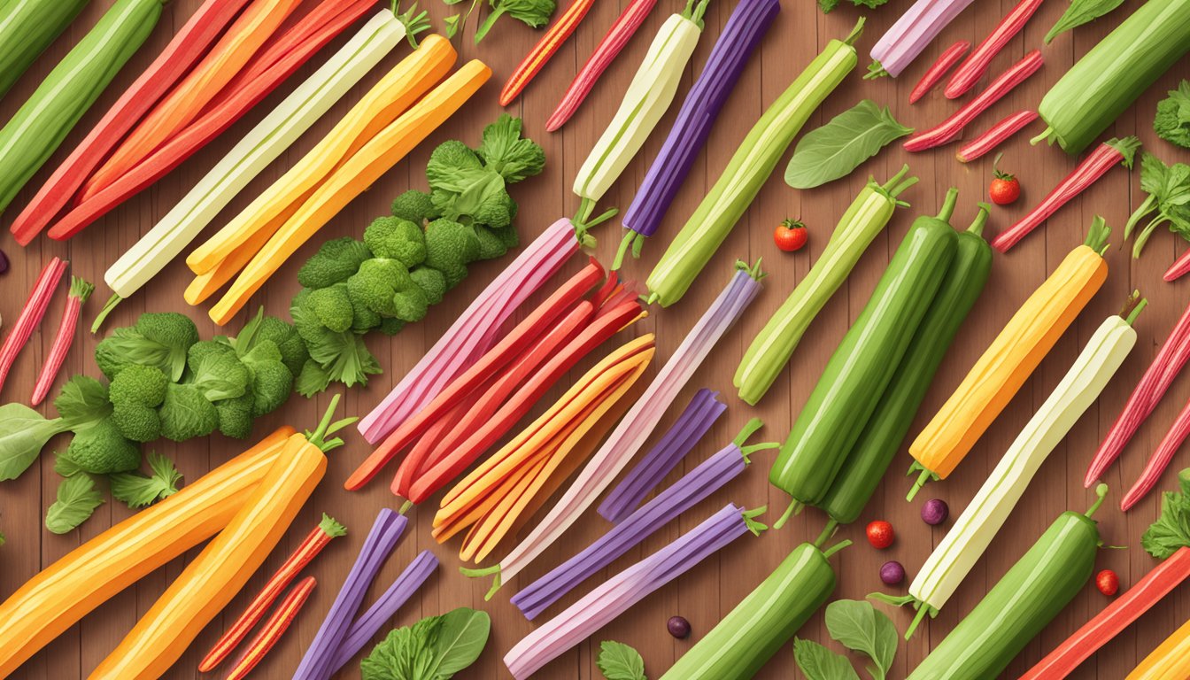 A pile of Twizzlers on a wooden table, surrounded by colorful fruits and vegetables, with a vegan certification logo prominently displayed