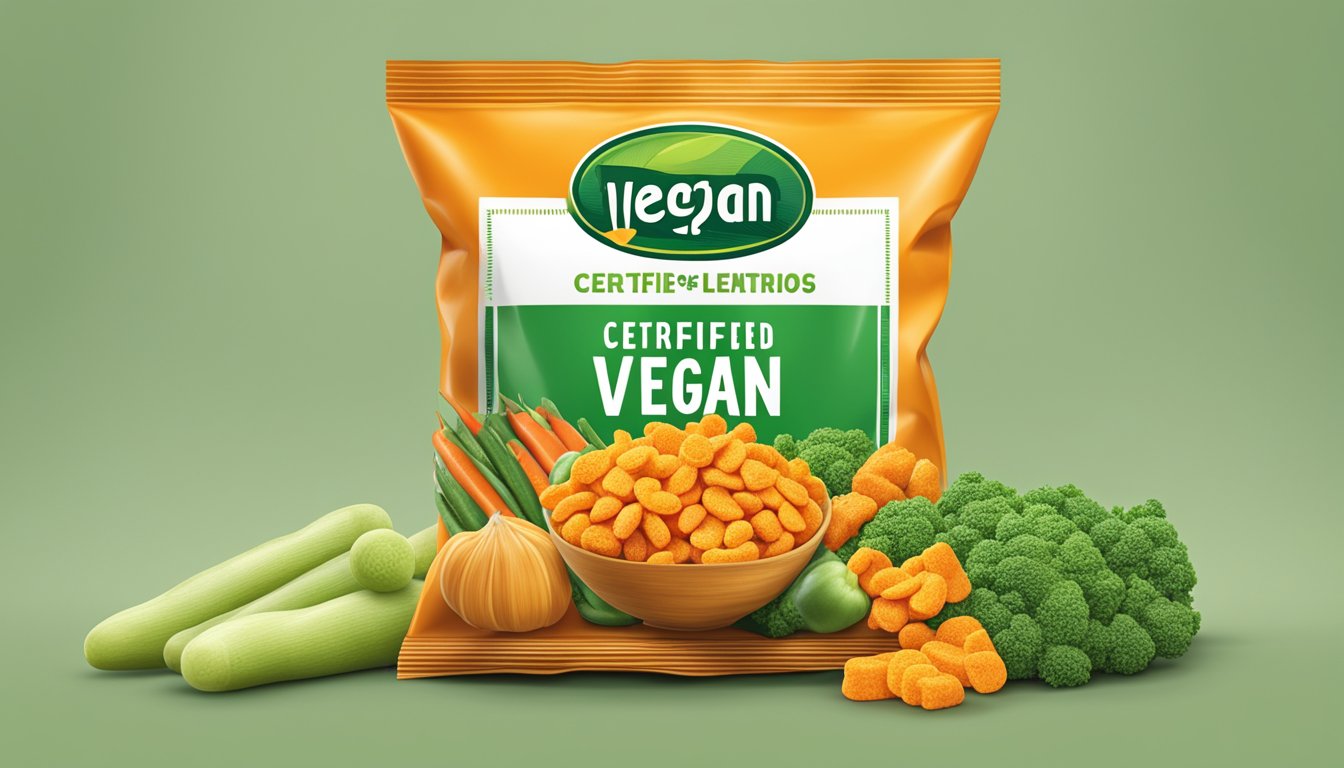 A bag of Cheetos sits next to a pile of vegetables, separated by a clean, green "Certified Vegan" stamp