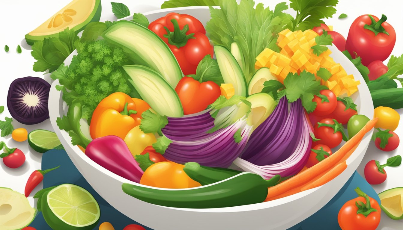 A vibrant bowl of fresh vegetables and fruits being chopped and mixed together to create a delicious and colorful salsa