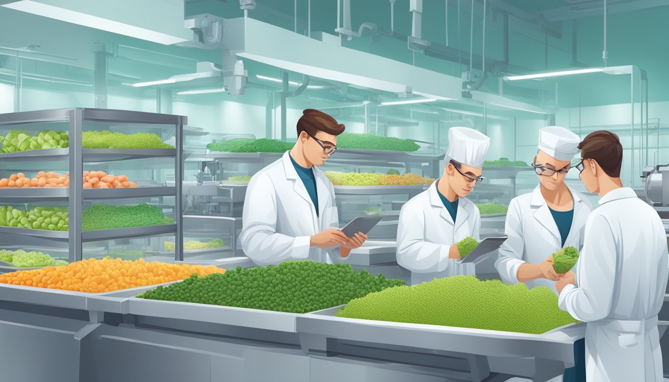 A group of nerds in lab coats examine a variety of plant-based food products, while machinery and equipment for food production line the background