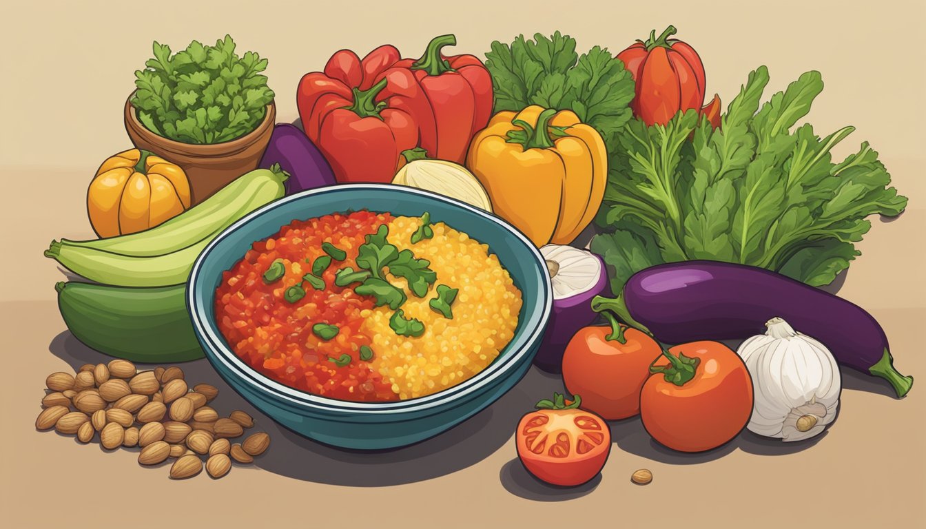 A bowl of vibrant salsa sits next to a spread of colorful vegetables, fruits, and grains, showcasing its versatility as a vegan condiment