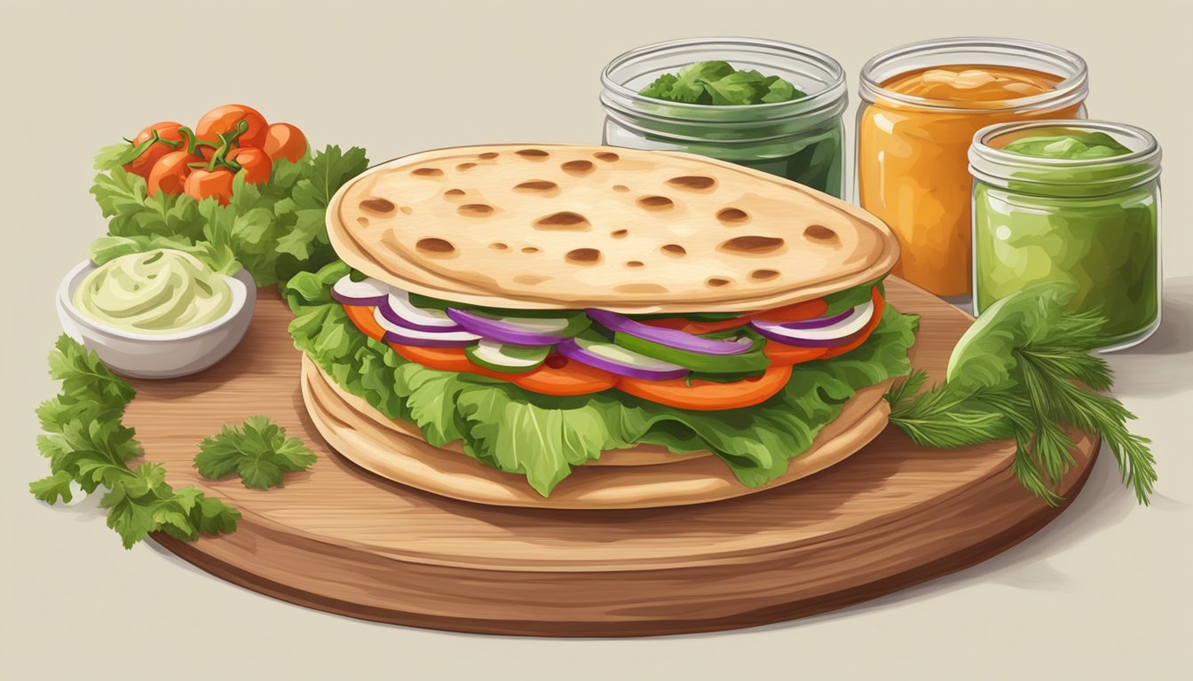 A stack of pita bread surrounded by fresh vegetables and a variety of plant-based spreads on a wooden cutting board