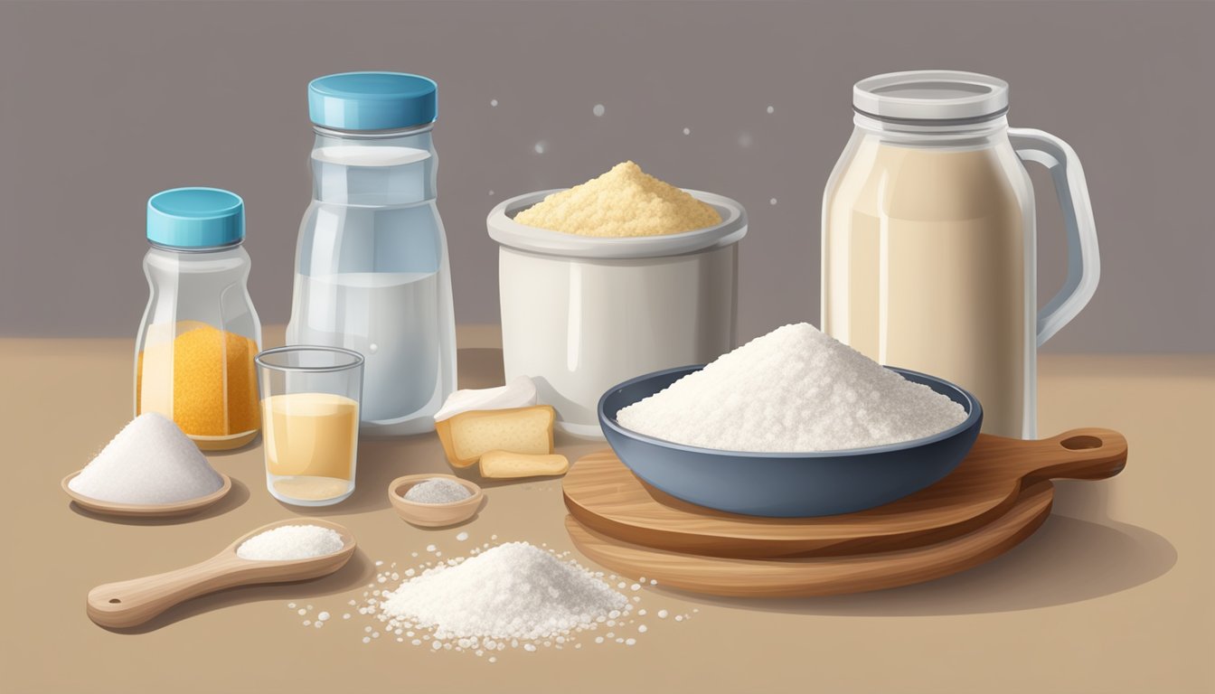 A table with ingredients: flour, water, yeast, salt. An open bag of flour, a bowl of water, a packet of yeast, and a shaker of salt