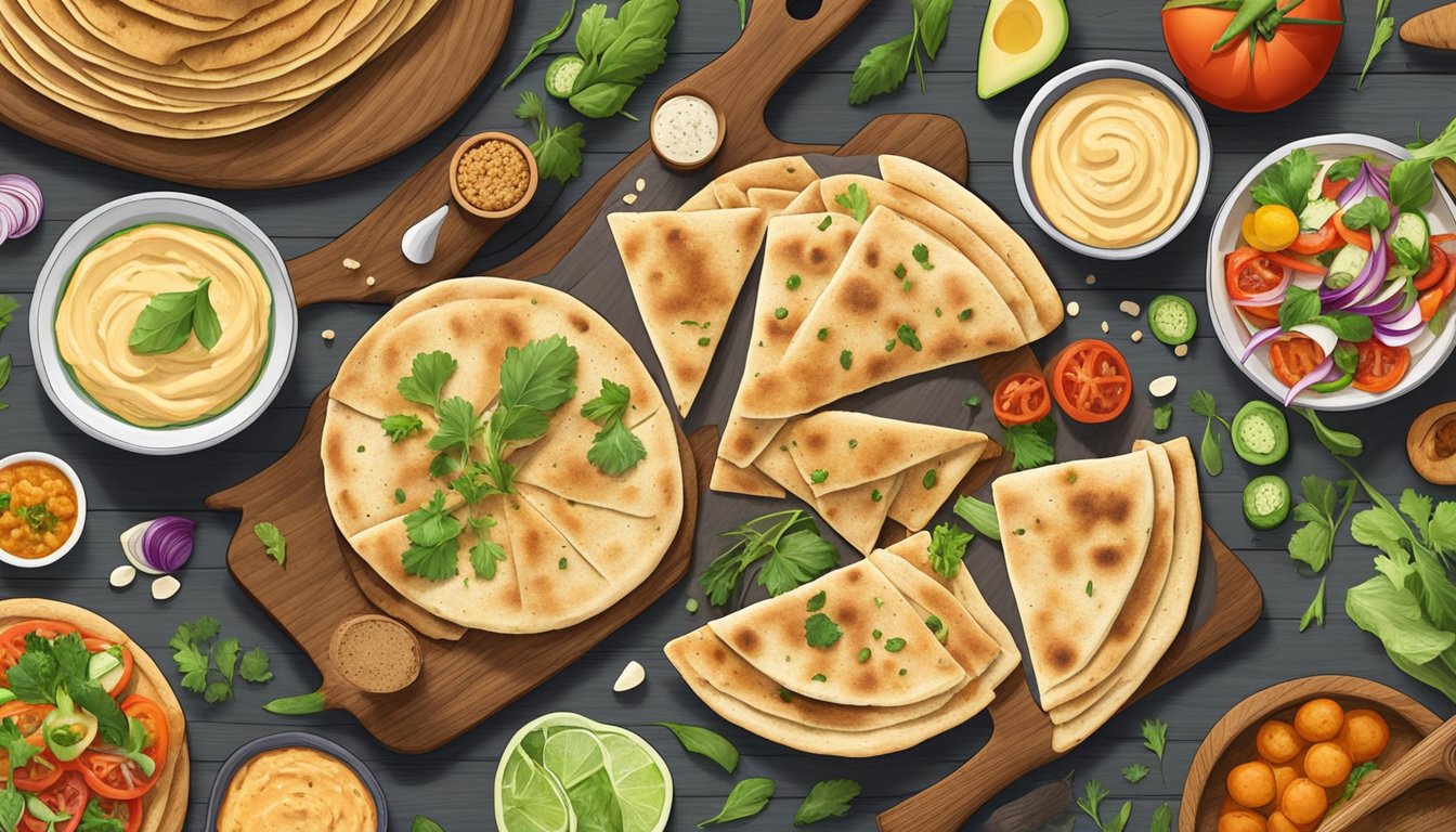 A spread of various flatbreads, including pita, laid out on a rustic wooden table, surrounded by colorful and fresh vegan ingredients like vegetables and hummus