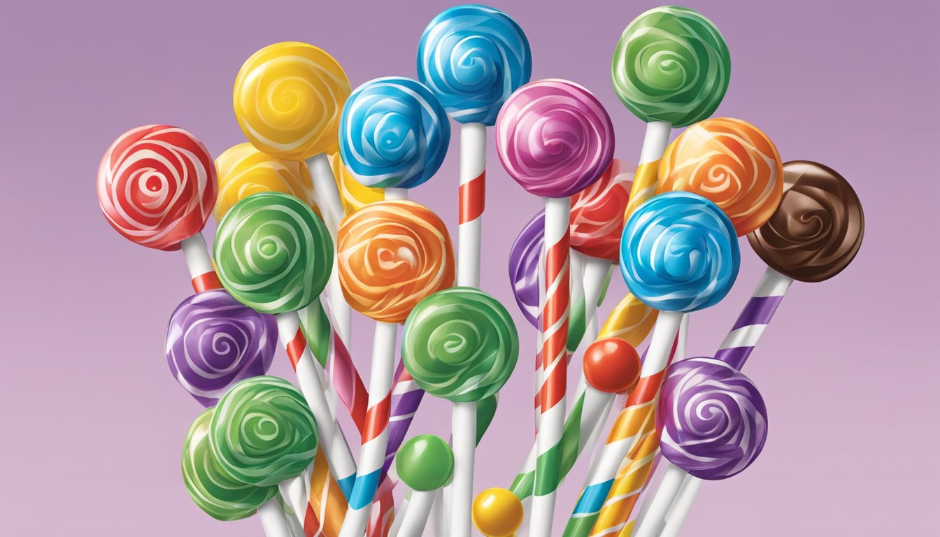 A colorful display of Dum Dums lollipops, showcasing the variety of flavors and the iconic logo