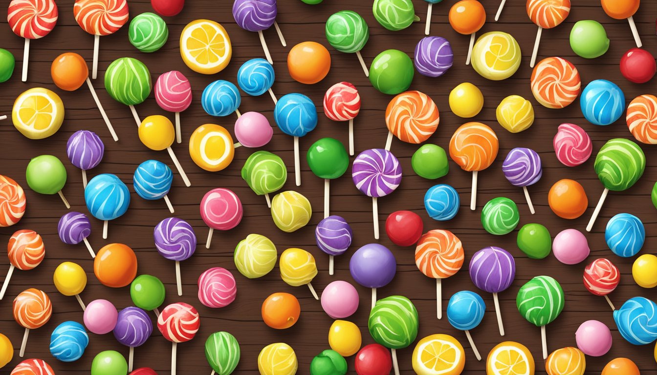 A colorful assortment of Dum Dums lollipops scattered on a rustic wooden table, surrounded by vibrant fruits and vegetables