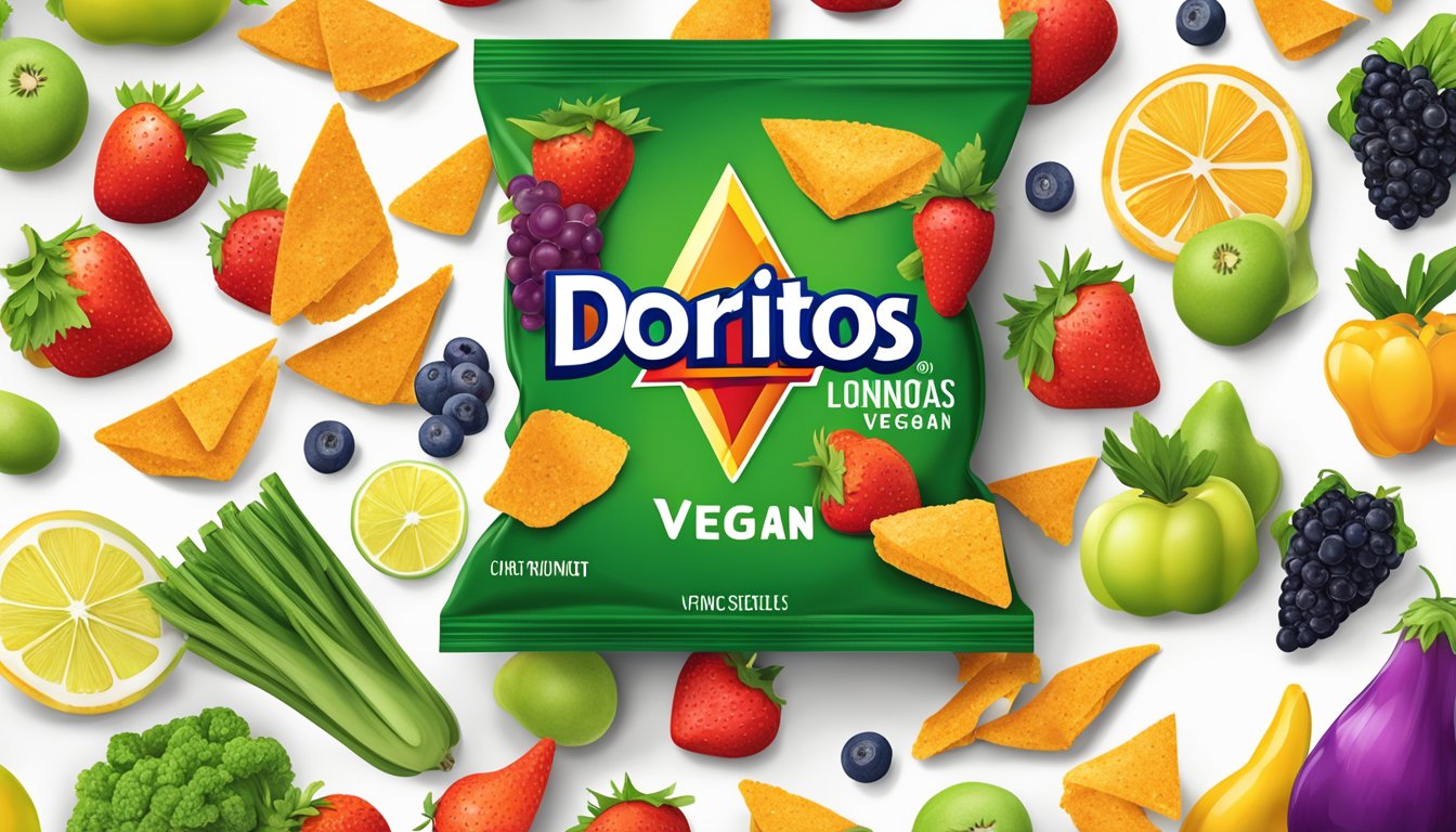 A bag of Doritos surrounded by a variety of colorful fruits and vegetables, with a prominent "vegan" label displayed on the packaging