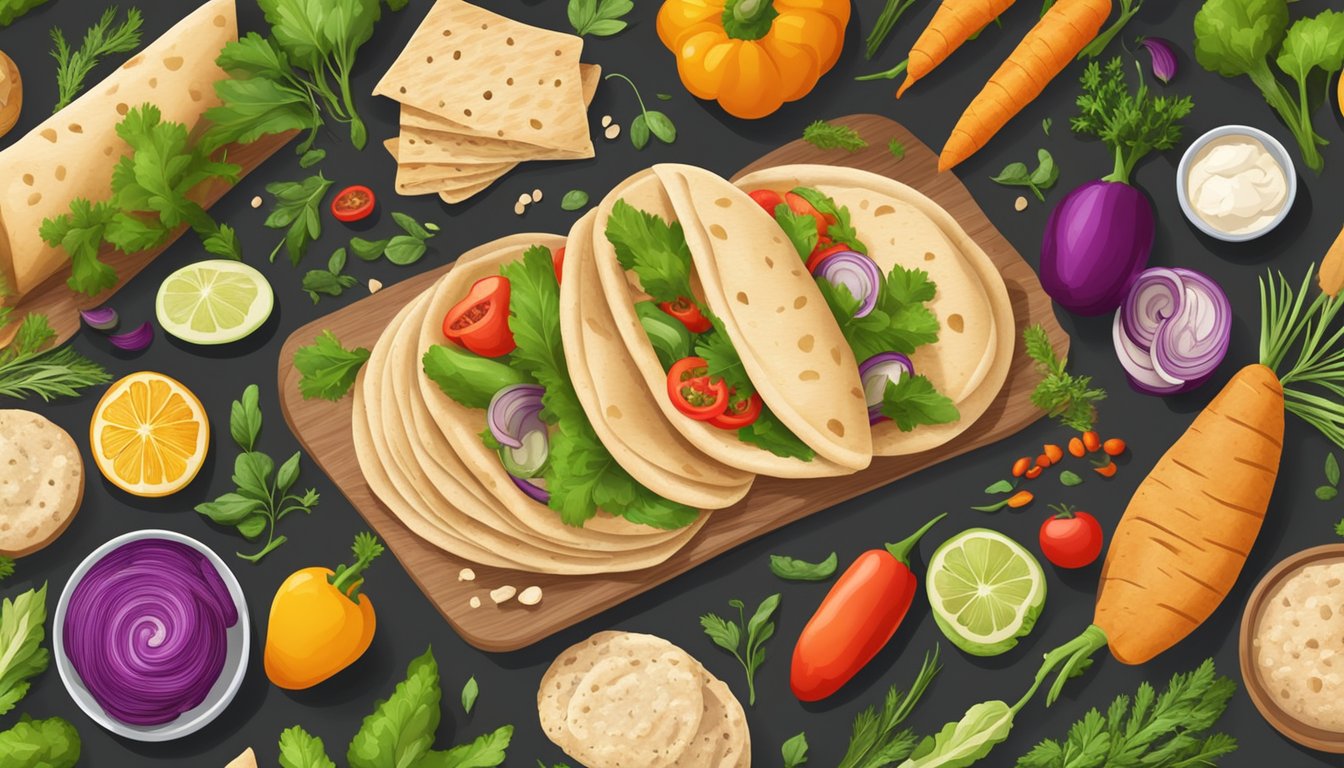 A table with various types of pita bread surrounded by colorful vegetables and herbs