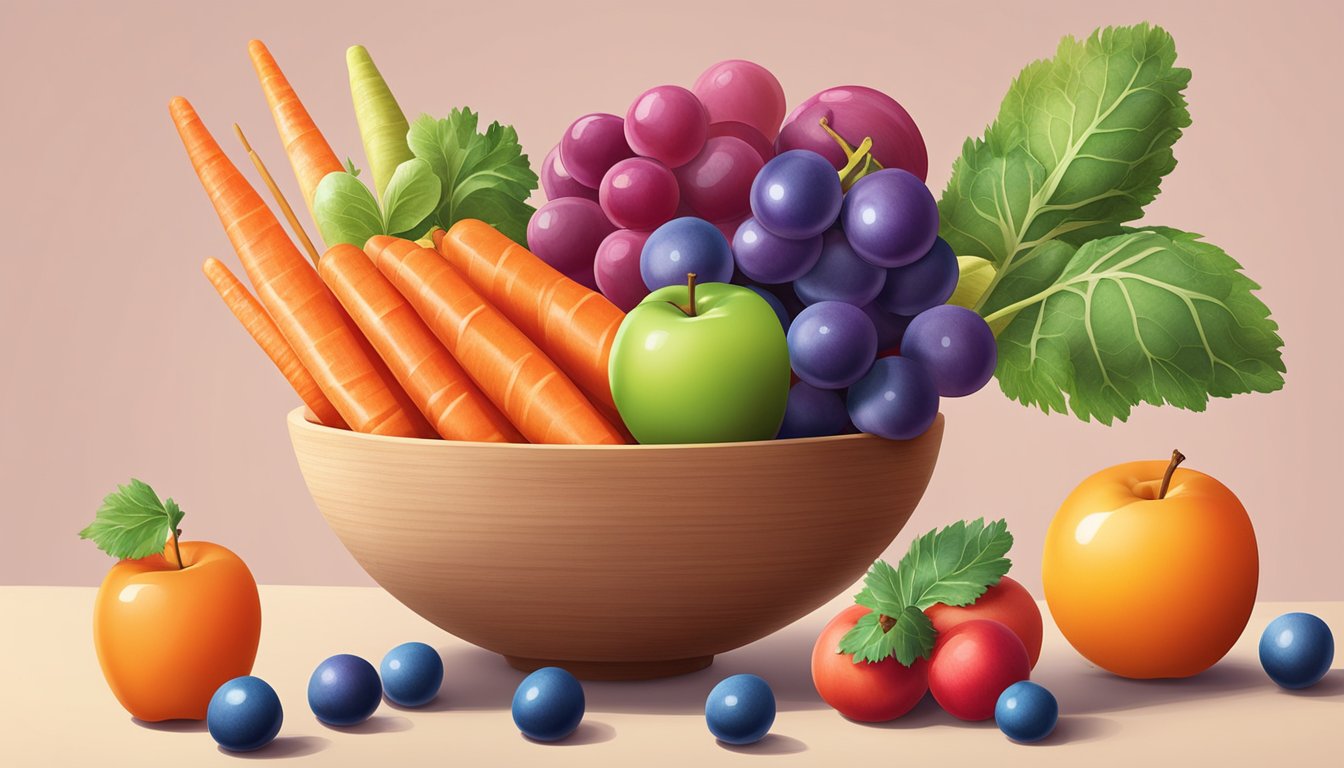 A colorful array of fruits and vegetables, including apples, carrots, and grapes, are arranged next to a bowl of vegan lollipops