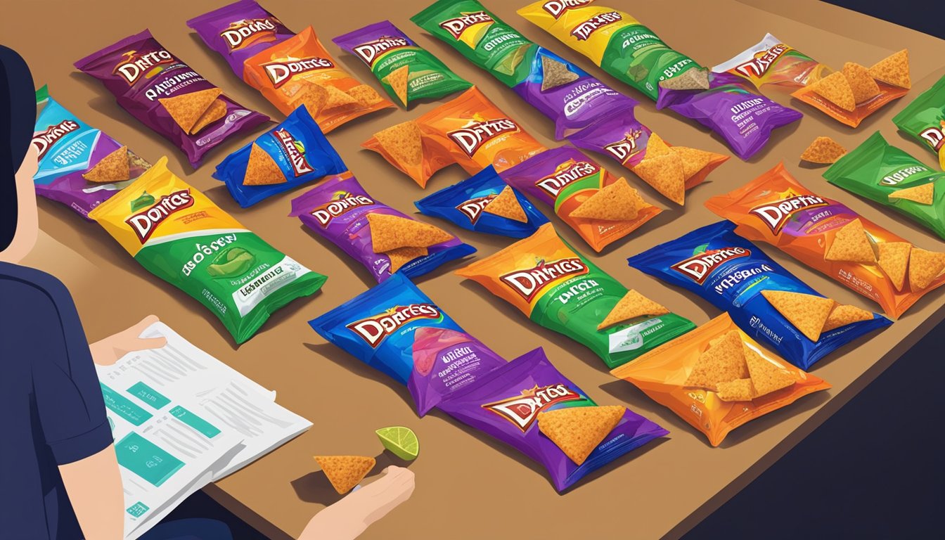 A variety of Doritos flavors arranged on a table, with a person examining the packaging for vegan labeling