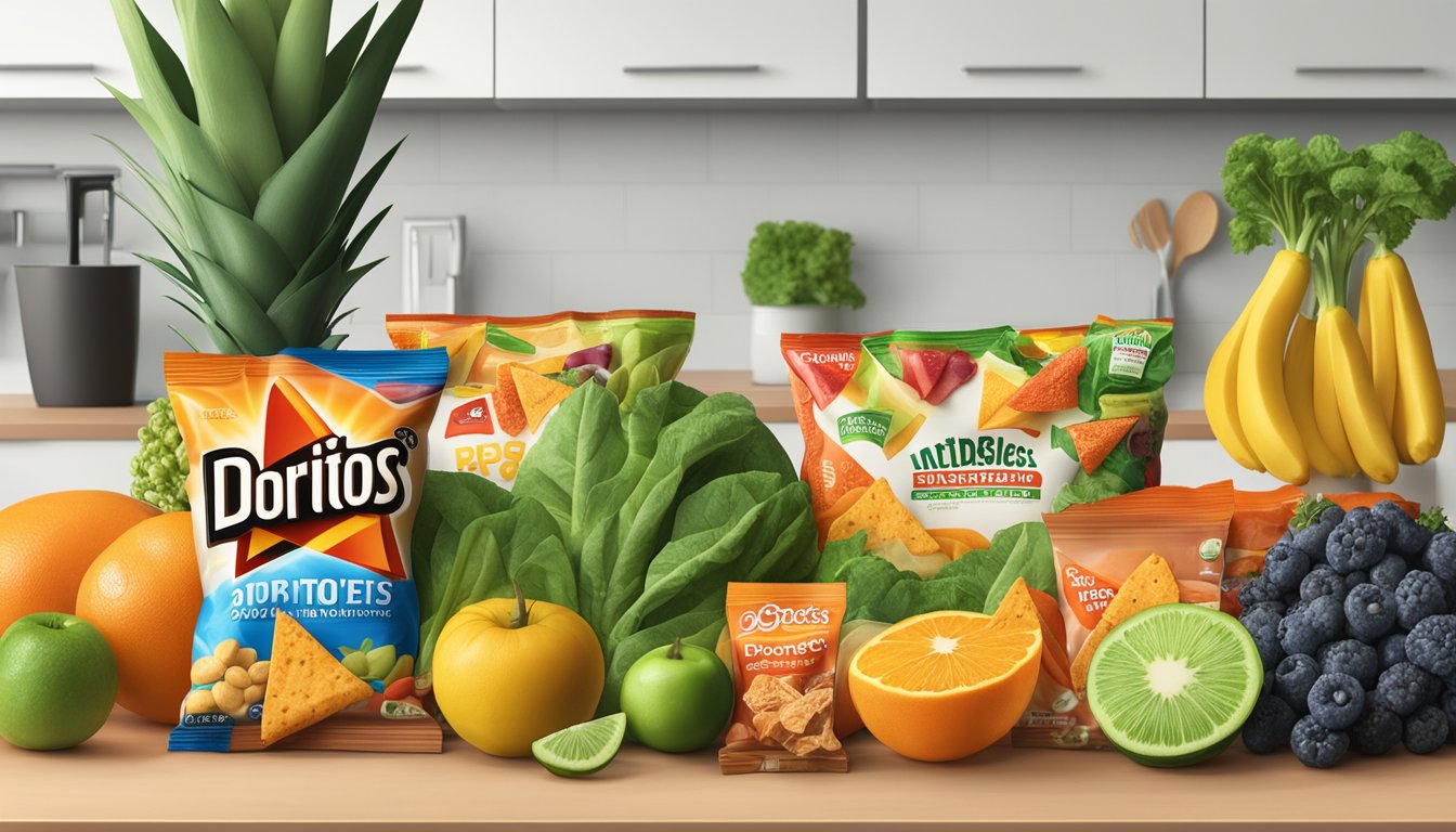 A bag of Doritos surrounded by various fruits, vegetables, and plant-based snacks on a kitchen counter