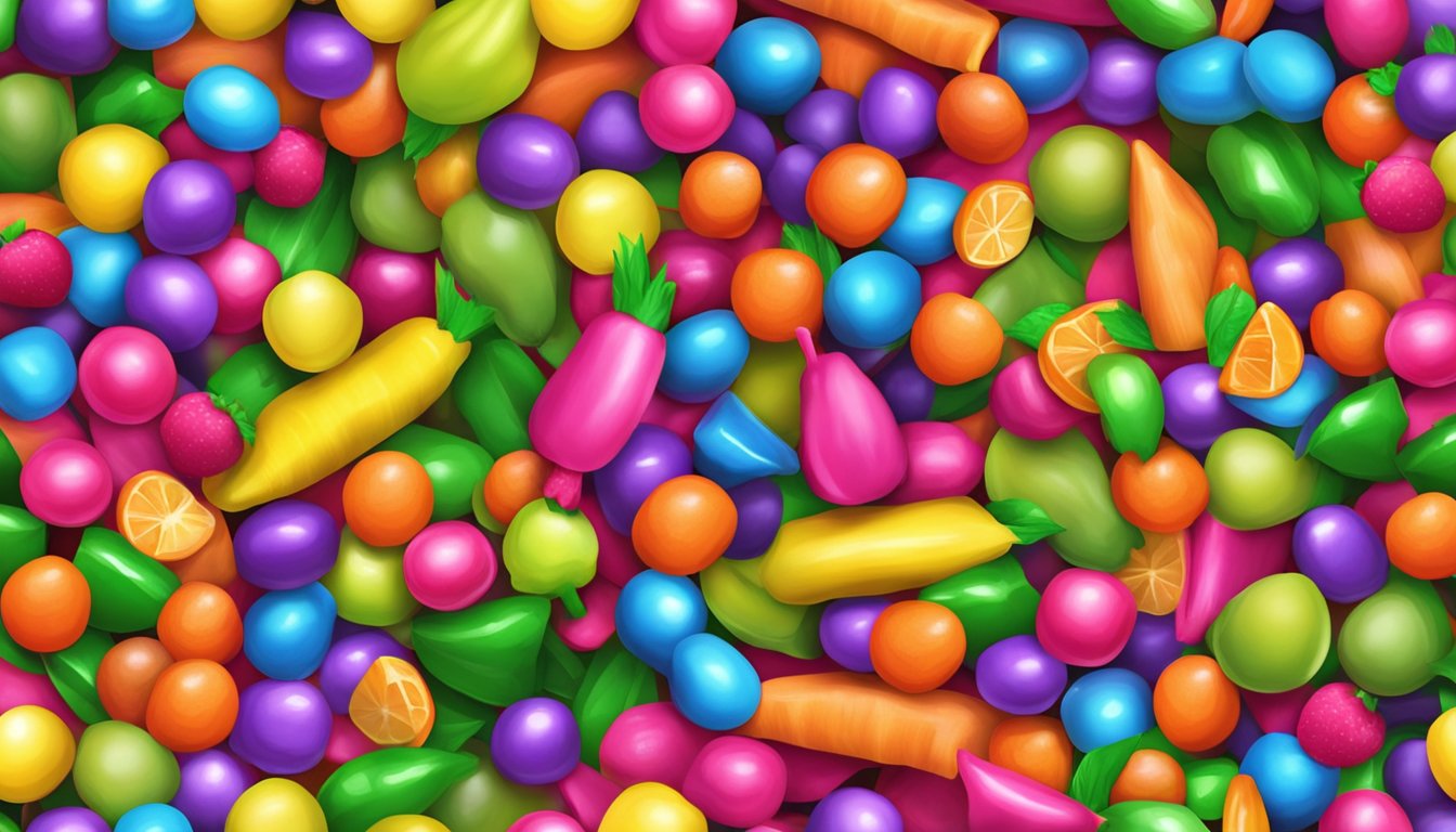 A colorful pile of assorted warhead candies, surrounded by vibrant fruits and vegetables