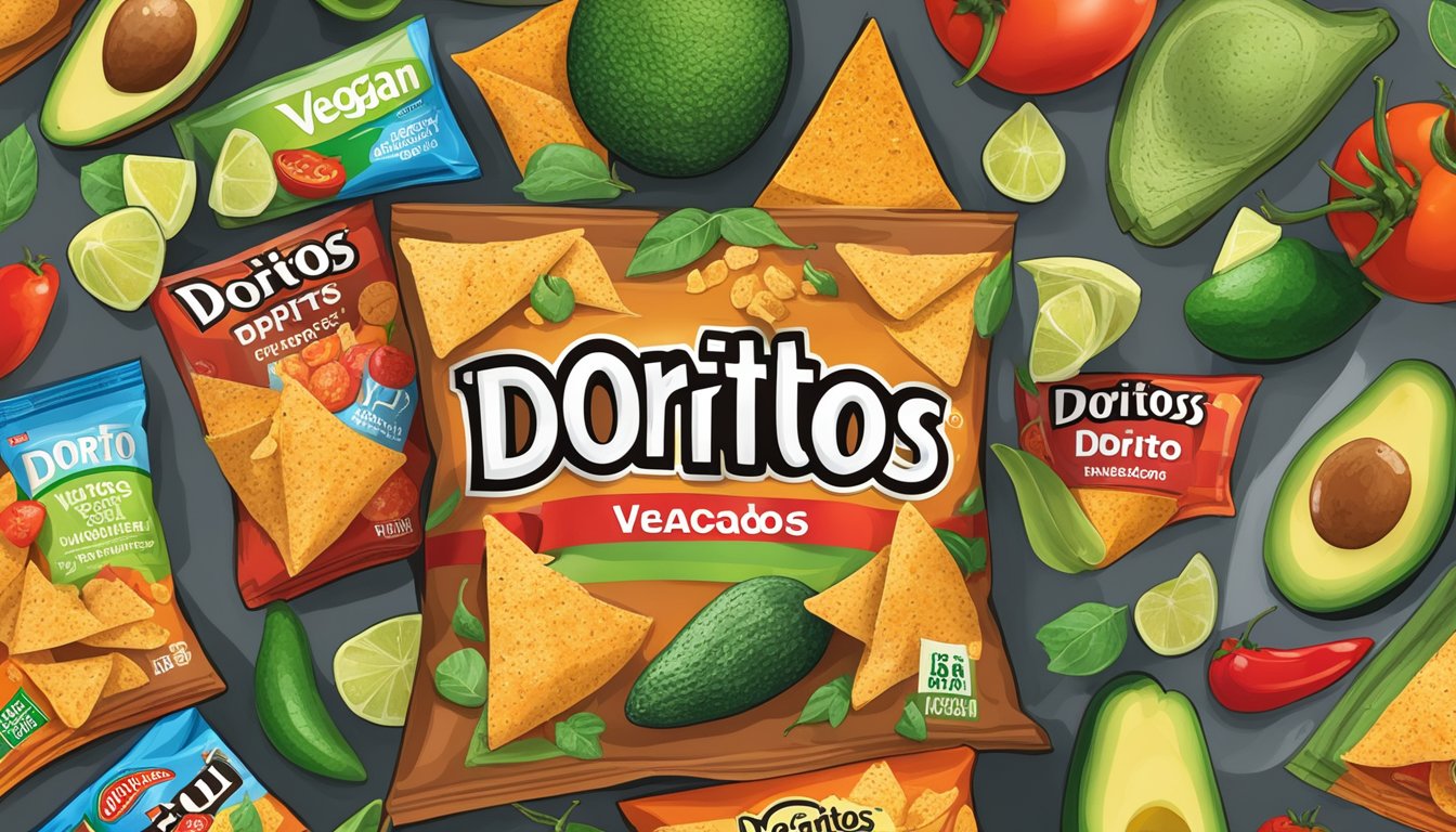 A colorful bag of Doritos surrounded by various vegan ingredients like avocados, tomatoes, and peppers, with a label that reads "Vegan."