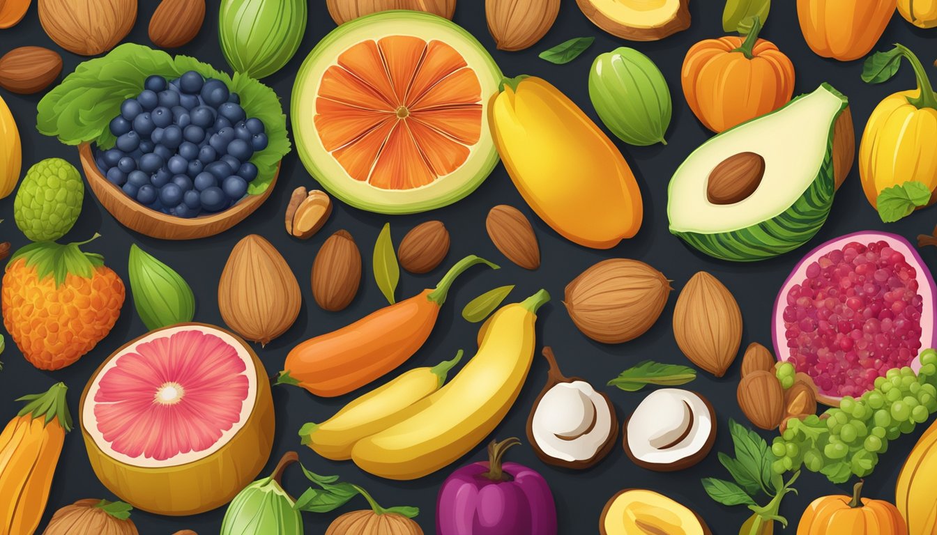 A variety of fruits, vegetables, nuts, and grains arranged in a colorful and appetizing display