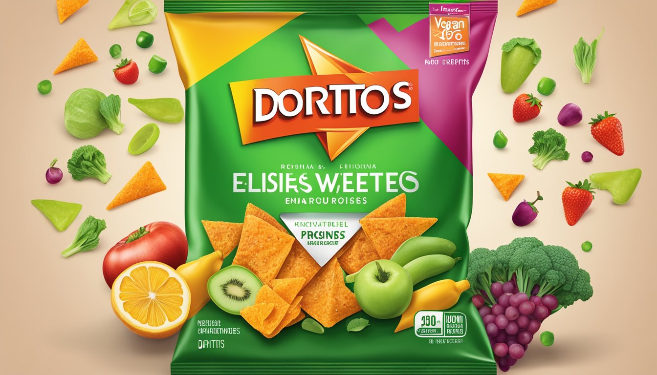 A bag of Doritos surrounded by various fruits and vegetables, with a vegan certification logo prominently displayed on the packaging