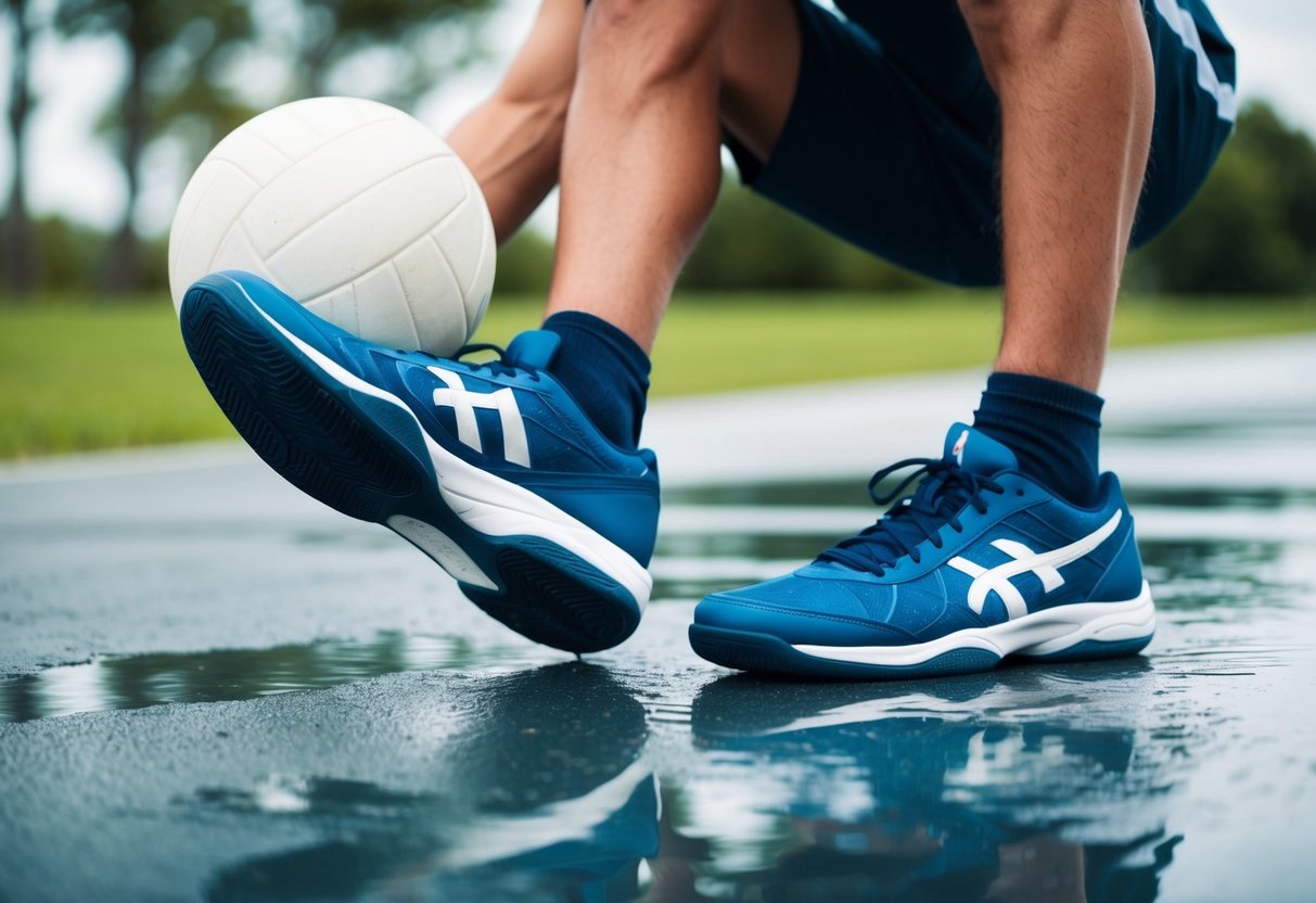 A person wearing volleyball shoes slips and falls on a wet, slippery surface outside